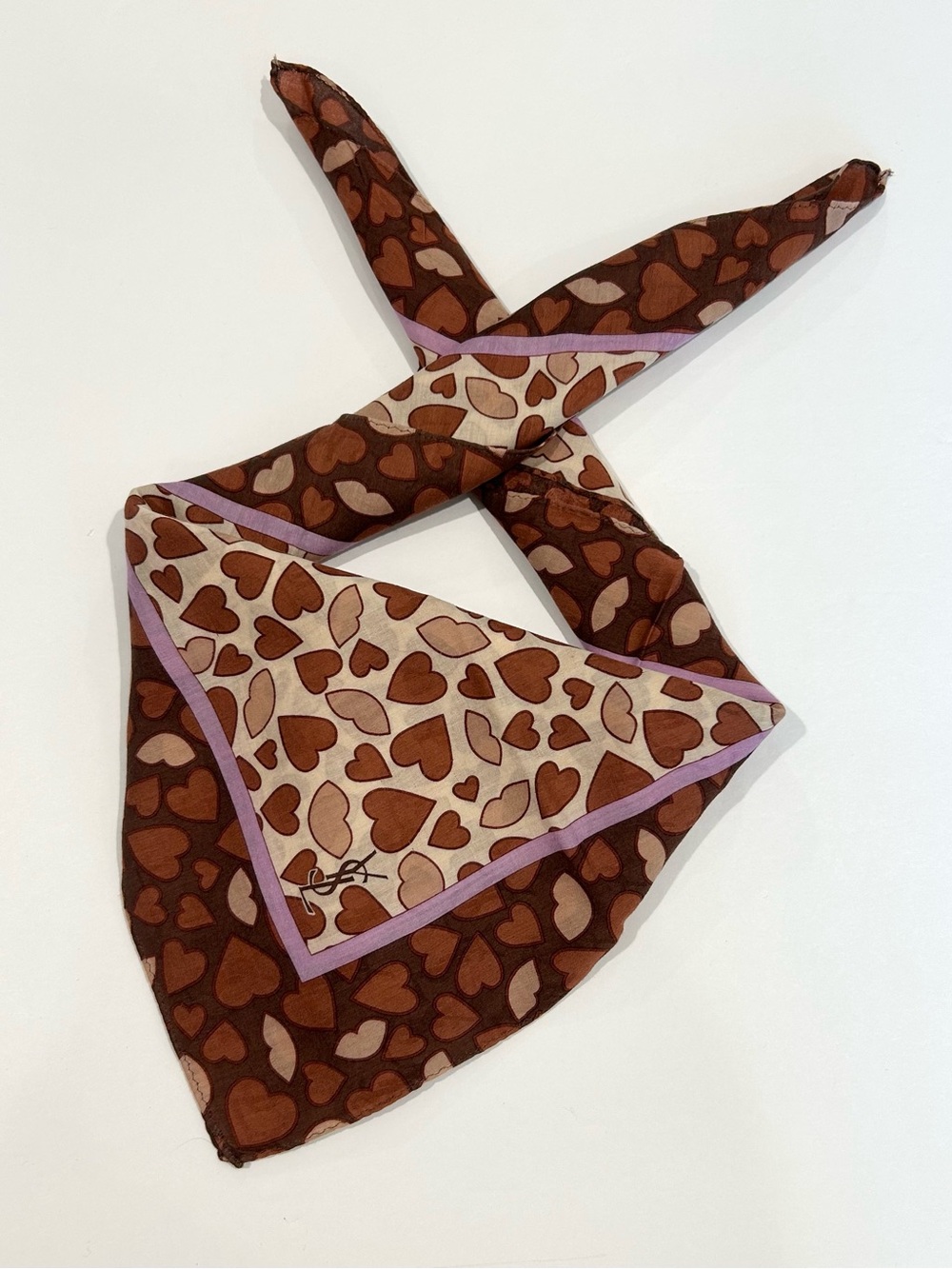 Women Handkerchief YSL Brown Heart Pattern Cotton Pocket Square 22”